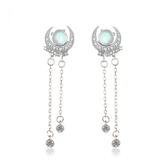 Elegant Natural Moonstone CZ Crescent Moon Star 925 Sterling Silver Dangling Earrings