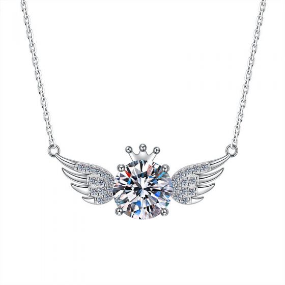 Elegante collar redondo de plata esterlina con ala de ángel y corona CZ 925