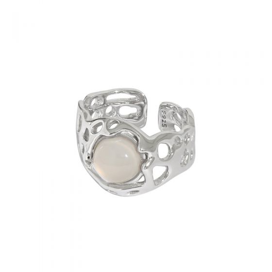 Elegant Natural Round Agate Hollow 925 Sterling Silver Adjustable Ring
