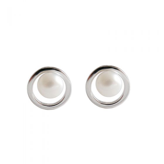Geometry Hollow Circle Round Natural Pearl 925 Sterling Silver Stud Earrings