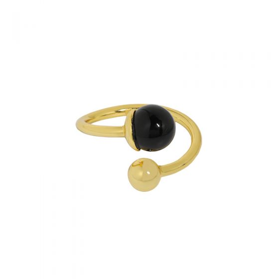 Holiday Natural Black Agate Balls Two 925 Sterling Silver Adjustable Ring