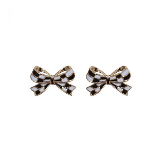Sweet Chessboard Bowknot 925 Sterling Silver Stud Earrings