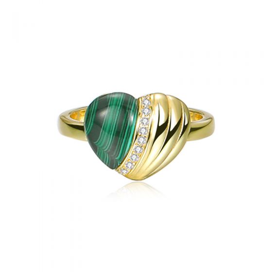 Women Natural Malachite CZ Heart 925 Sterling Silver Adjustable Ring