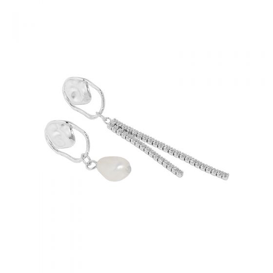 Asymmetry Shell Pearl CZ Tassels 925 Sterling Silver Dangling Earrings