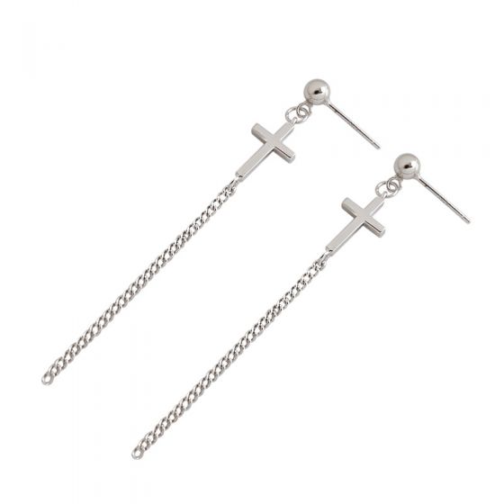 Elegant Cross Curb Chain 925 Sterling Silver Dangling Earrings