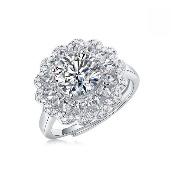 Beautiful 2ct Moissanite CZ Flower 925 Sterling Silver Adjustable Ring