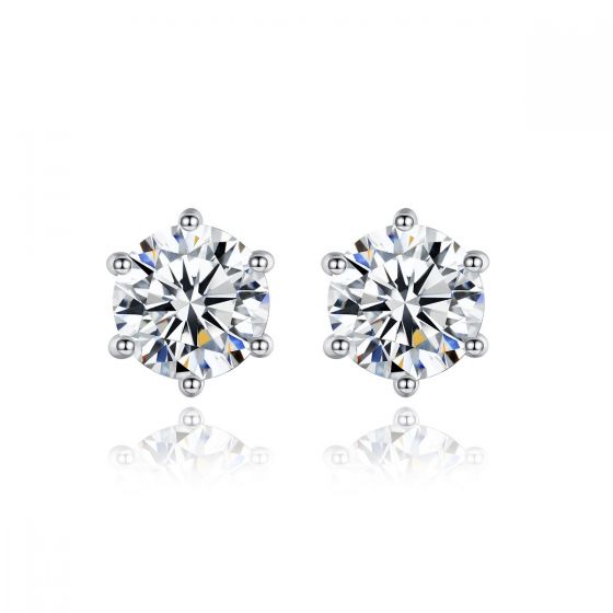 Simple 1 Carat Six Claw Moissanite CZ 925 Sterling Silver Stud Earrings