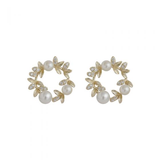 Women Shell Pearl Olive Leaf Garland 925 Sterling Silver Stud Earrings