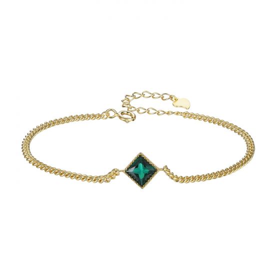 Elegant Green CZ Square Curb Chain 925 Sterling Silver Bracelet