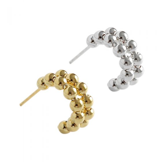 Fashion Bubbles Beads C Shape 925 Sterling Silver Hoop Earrings