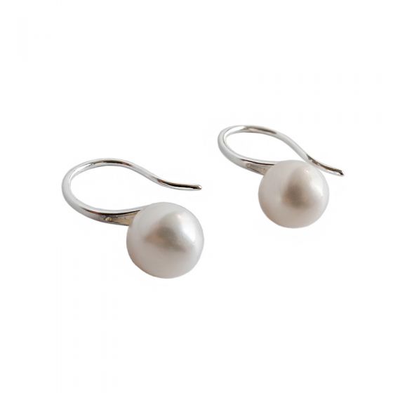 Women Round Natural Pearl 925 Sterling Silver Dangling Earrings