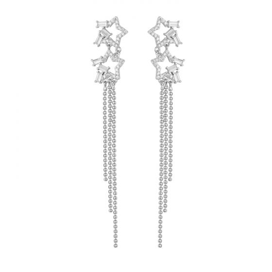 Girl Hollow CZ Beads Tassels 925 Sterling Silver Dangling Earrings