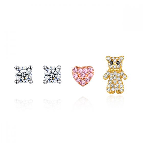 Cute Asymmetry CZ Heart Bear 925 Sterling Silver Stud Earrings Set