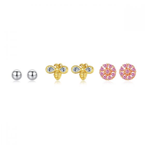 Sweet CZ Honey Bee Pink Flower Beads 925 Sterling Silver Stud Earrings