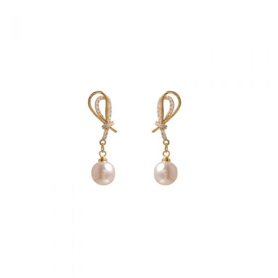 Elegant Shell Pearl CZ Knot 925 Sterling Silver Dangling Earrings