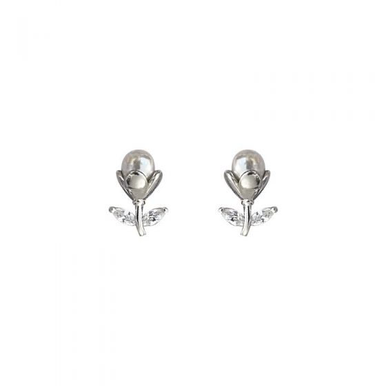 Cute Mini Shell Pearl Lily Flower CZ 925 Sterling Silver Stud Earrings