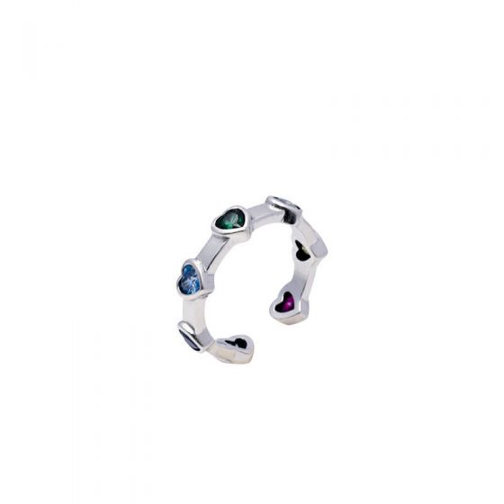 Colorful CZ Heart Bamboo Joint 925 Sterling Silver Adjustable Ring