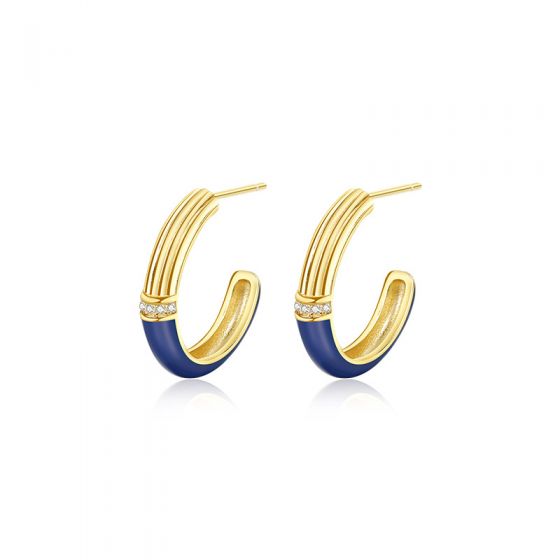 Elegant Blue Epoxy CZ C Shape 925 Sterling Silver Hoop Earrings