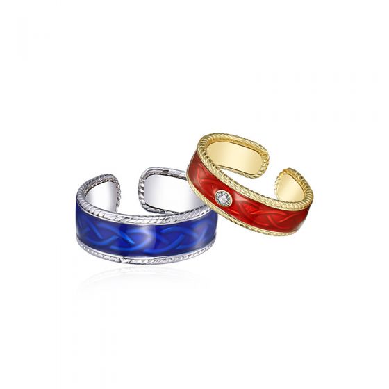 Anniversary Red Blue Epoxy Chain Pattern Twisted Border CZ 925 Sterling Silver Adjustable Promise Ring