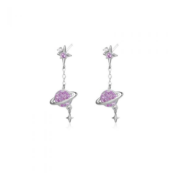 Elegant Pink CZ Stars Planet Sweet Letters 925 Sterling Silver Dangling Earrings