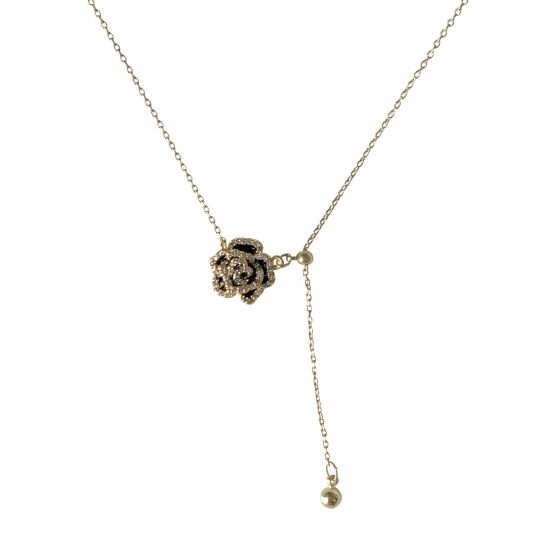 Beautiful CZ Black Camellia Tassel 925 Sterling Silver Necklace