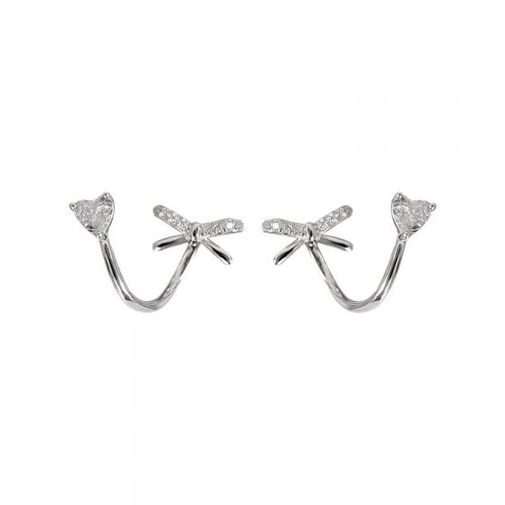 Sweet CZ Heart Bow-Knot 925 Sterling Silver Stud Climbing Earrings