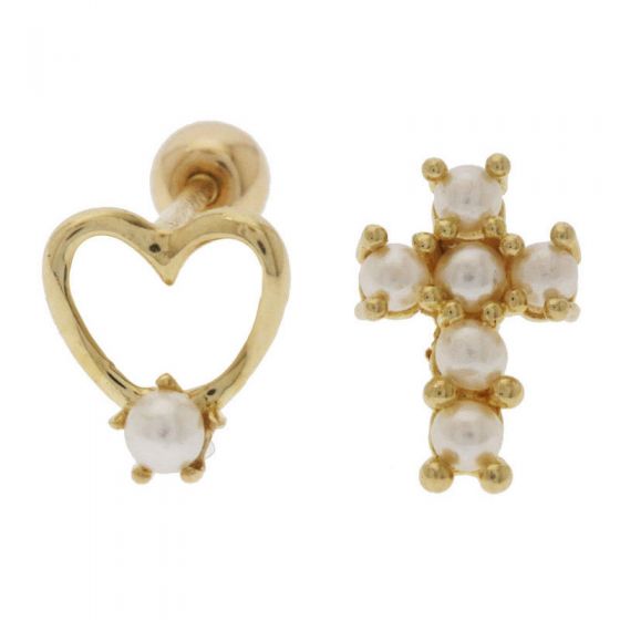 Asymmetry Shell Pearls Cross CZ Hollow Heart 925 Sterling Silver Stud Earrings
