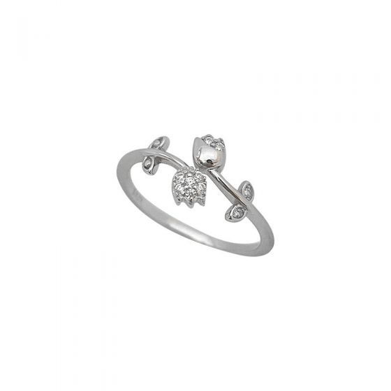 Beautiful CZ Tulip Leaves 925 Sterling Silver Adjustable Ring