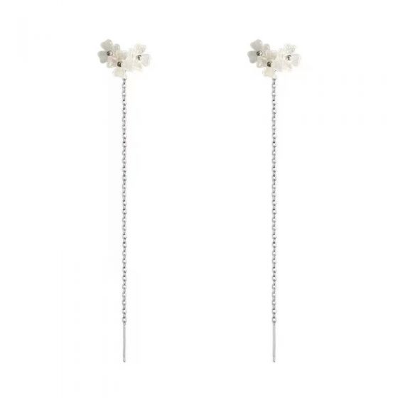 Beautiful White Shell Flowers Tassels 925 Sterling Silver Thread Dangling Earrings