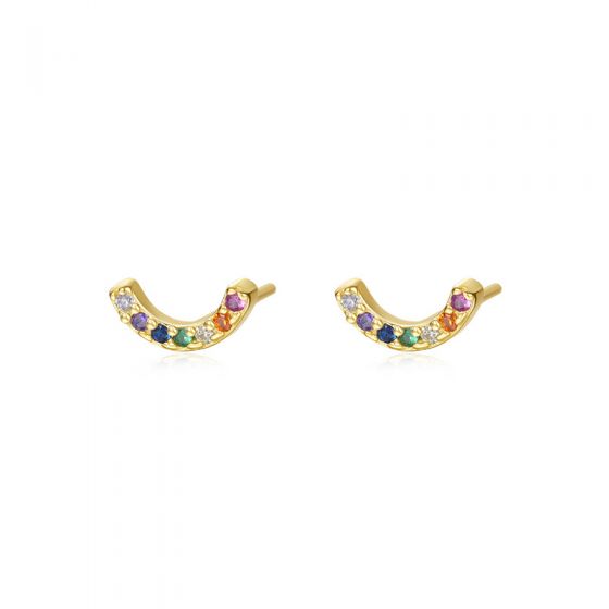 Cute Mini Colorful CZ Smile Arc Crescent Moon 925 Sterling Silver Stud Earrings