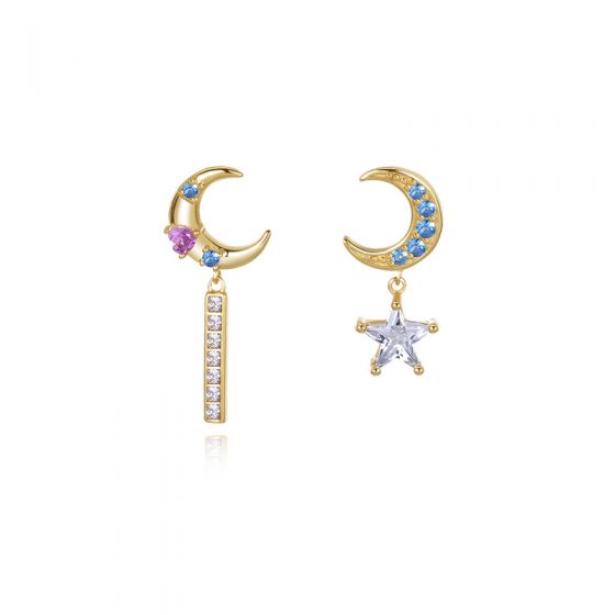 Asymmetry Colorful CZ Crescent Moon Star 925 Sterling Silver Dangling Earrings