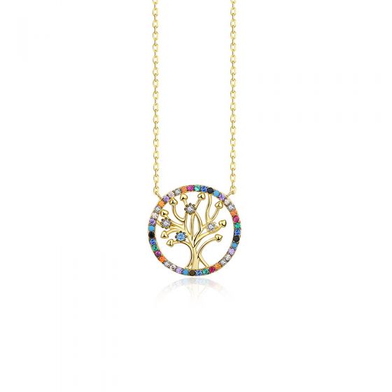 Colorful CZ  Hollow Life Tree Round 925 Sterling Silver Necklace