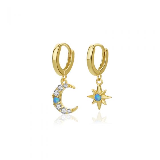 Asymmetry Created Opal CZ Crescent Moon Star 925 Sterling Silver Dangling Earrings