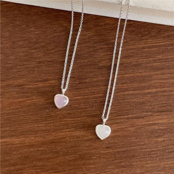 Gift  Cute Mini Natural Crystal Heart Love 925 Sterling Silver Necklace