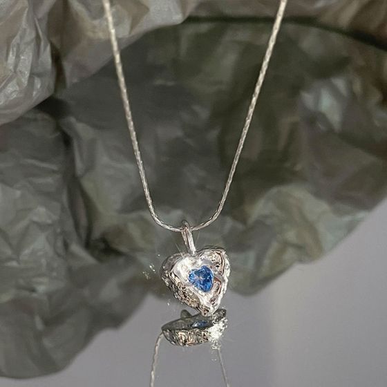 Elegant Blue CZ Irregular Lava Heart 925 Sterling Silver Necklace
