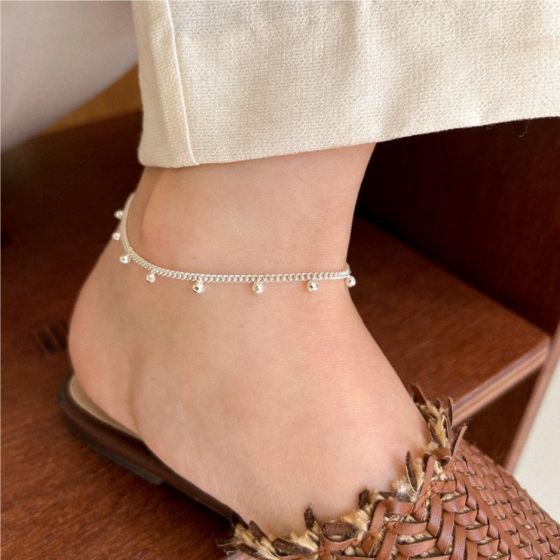 Casual Beads Curb Chain 925 Sterling Silver Anklet