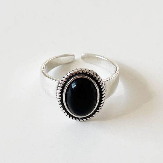Classic Vintage Twisted Border Oval Black Agate 925 Sterling Silver Adjustable Ring