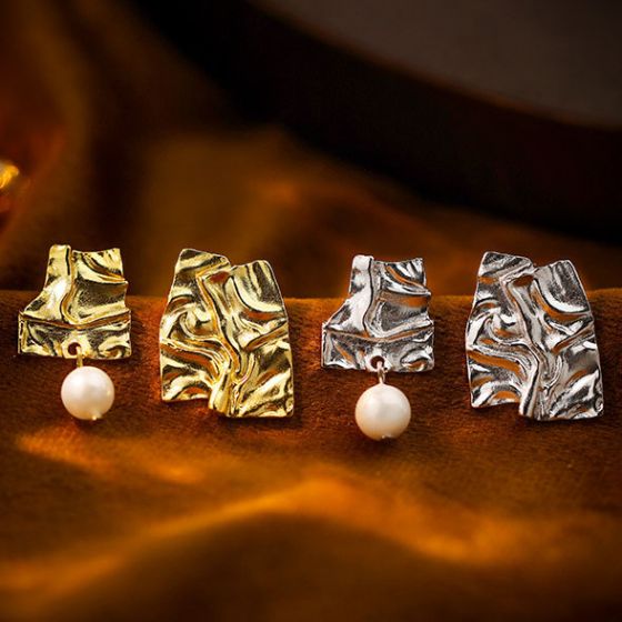 Irregular Asymmetric Metal Wrinkles Shell Pearl 925 Sterling Silver Stud Earrings