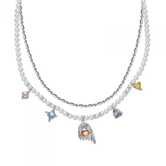 Halloween Colorful CZ Ghost Shell Pearls 925 Sterling Silver Double Layers Necklace