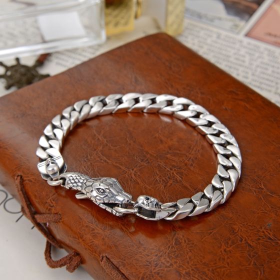 Men's Fashion Snake Head 925 Sterling Silver Curb Chain Bracelet