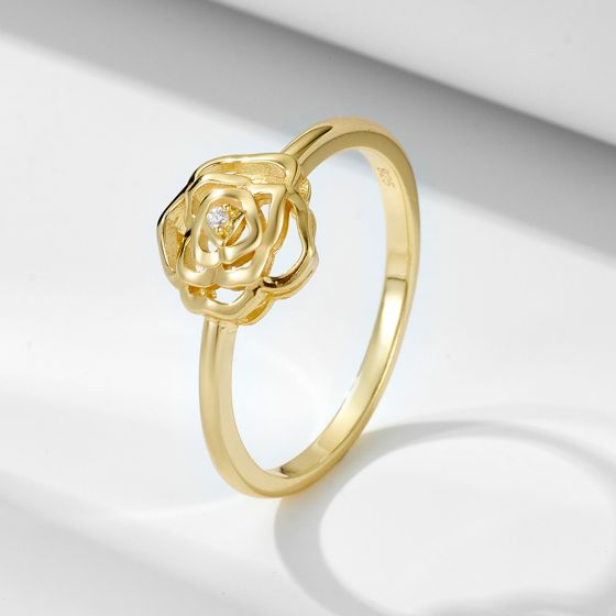 Women Beautiful CZ Camellia Flower 925 Sterling Silver Ring