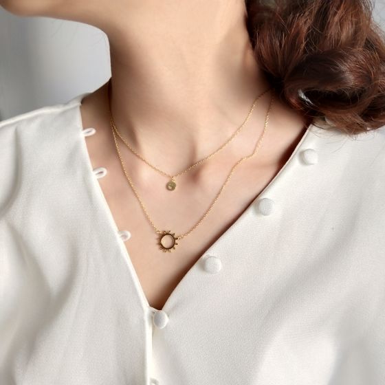 Double layered 925 silver sun smiley face necklace with collarbone chain, minimalist forest style pendant, versatile neck chain