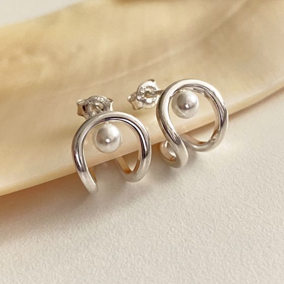 Office Round Shell Pearls Hollow C Shape 925 Sterling Silver Stud Earrings