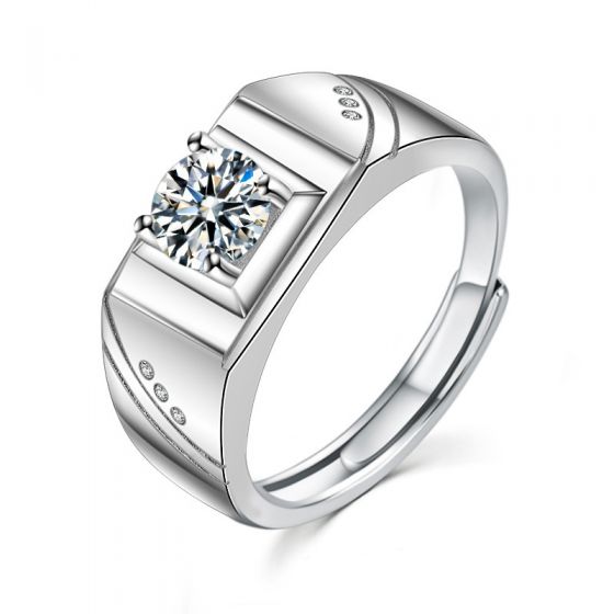 Men's Simple Moissanite CZ Geometry Square 925 Sterling Silver Adjustable Ring