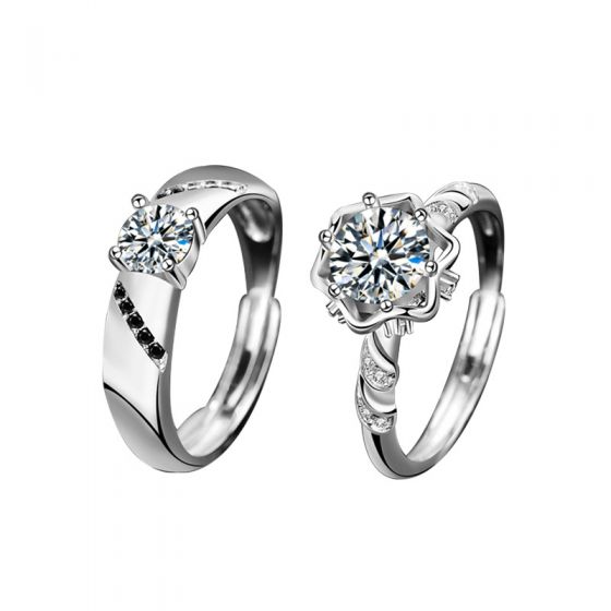 Wedding Moissanite CZ Star Flower 925 Sterling Silver Adjustable Promise Ring