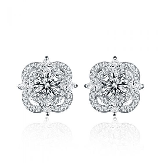 Classic Lucky Moissanite CZ Four Leaf Clover 925 Sterling Silver Stud Earrings