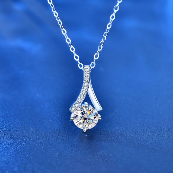 Lady Round Moissanite CZ Waterdrop 925 Sterling Silver Necklace