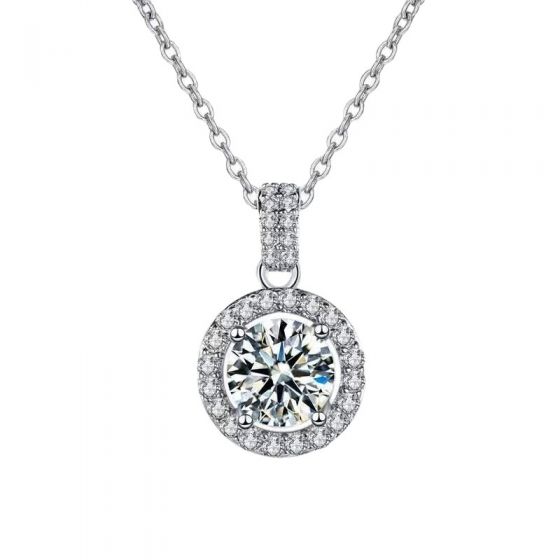 Casual Round Moissanite CZ Circle Border 925 Sterling Silver Necklace