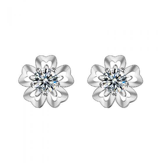 Girl Sweet Moissanite CZ Sakura Flowers 925 Sterling Silver Stud Earrings