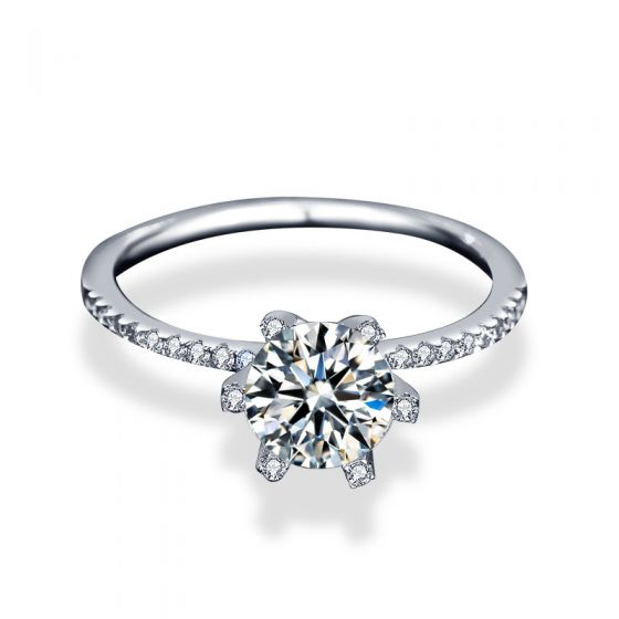 Beautiful Six Claw Moissanite CZ Flower 925 Sterling Silver Ring